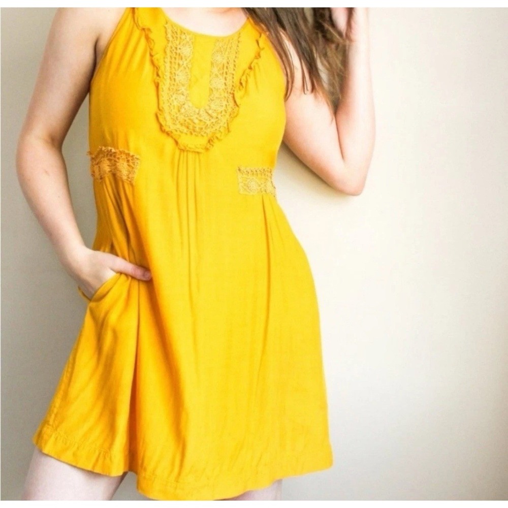 Maeve Anthropologie Dress Women's L Yellow Sleeveless Pockets Lace Mini Tropical